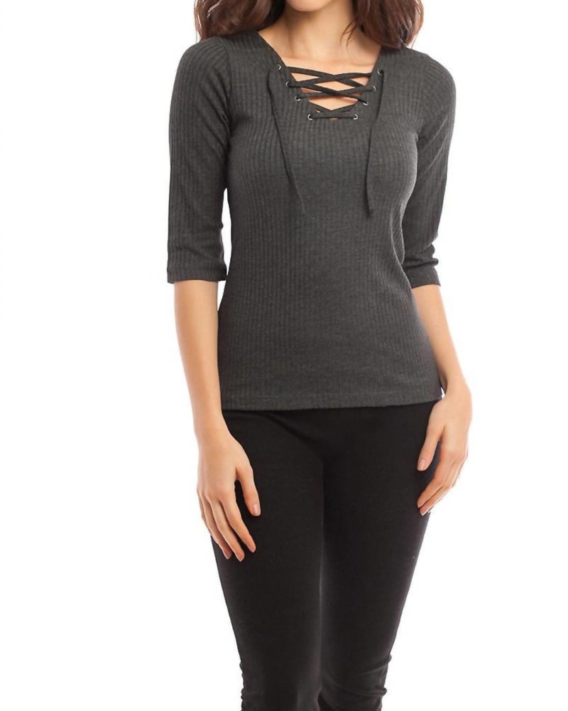 Front of a model wearing a size LG Alessandra Tie-Up Top in Gray in Gray by french kyss. | dia_product_style_image_id:325688